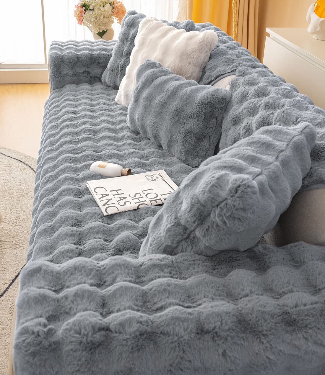 Amazon.com: vctops Grey Faux Fur Fleece Sofa Cover Soft Cozy